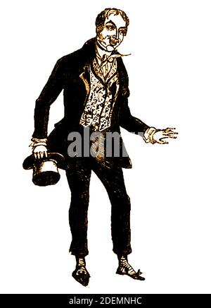 1840 ritratto di Benjamin Nottingham Webster ( 1797 -1882), attore-manager e drammaturgo inglese. Webster prese in affitto il teatro Haymarket dal 1837 al 1853. Poi costruì il nuovo teatro Adelphi (1859); successivamente il teatro Olimpico, il teatro della principessa, Londra e i teatri di St James vennero sotto il suo controllo, fu il patrono di molti playwrights e attori del suo tempo e divenne un famoso attore di carattere. Foto Stock