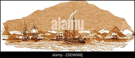 1842 incisione di navi britanniche Druid, Blonde, Modeste, S S Sesostrie & Bentino che fissano il porto del Amoy.jpg - & Bentino quando stavano fissando il porto di Amoy, (ora Xiamen), Cina. Xiamen fu catturato nel 1841 tra Guangzhou e Zhoushan. L'ammiraglio posteriore Parker ha bombardato la posizione di Qing con poco effetto, ma un assalto successivo sotto il Lt. Generale Gough ha causato ai cinesi di fuggire e di abbandonare le loro posizioni . Uno degli obiettivi, un tesoro d'argento e d'oro nel tesoro è stato contrabbandato fuori dalla zona in tronchi scavati sotto gli occhi degli invasori britannici. Foto Stock