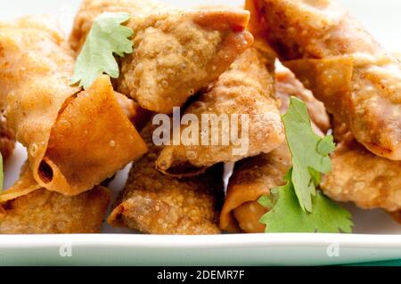 involtini primaverili fatti in casa con maiale e salsa piccante al pepe Foto Stock