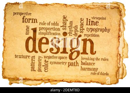 elementi di design e regole nuvola di parole su un'abbronzatura fatta a mano carta a colori Foto Stock