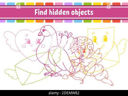 Trova oggetto nascosto. Foglio di lavoro per lo sviluppo dell'istruzione. Pagina attività con immagini. Contorno colore. Formazione sul pensiero logico. Illustratio vettoriale isolato Illustrazione Vettoriale