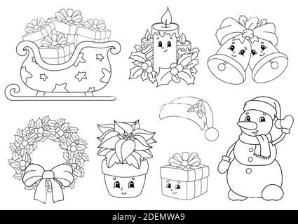 Libro da colorare per bambini. Buon tema di Natale. Personaggi allegri. Illustrazione vettoriale. Carino stile cartoon. Profilo a contorno nero. Isolato su WI Illustrazione Vettoriale