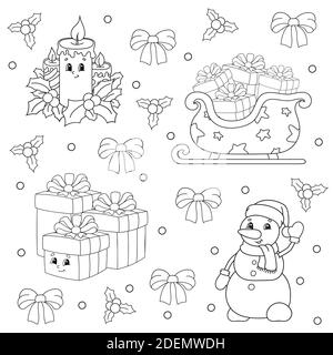 Libro da colorare per bambini. Buon tema di Natale. Personaggi allegri. Illustrazione vettoriale. Carino stile cartoon. Profilo a contorno nero. Isolato su WI Illustrazione Vettoriale