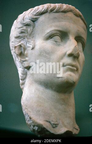 Busto di marmo, scultura o Ritratto del secondo imperatore romano Tiberio Cesare Augusto (42BC-37AD) regnò 14-37AD Foto Stock