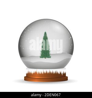 Decorazioni con palla di neve all'albero di Natale. Realistico globo di neve su uno sfondo trasparente. Giocattoli invernali. Voli Snowflakes intorno Natale vacanze. Vettore Illustrazione Vettoriale