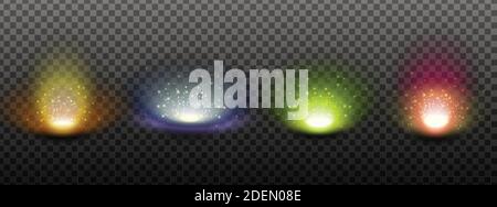Collezione vettoriale di esplosivi effetti di lucentezza oro chiaro in diversi colori. Luce luminosa e soleggiata con scintille. Illustrazione isolata. Gioco di design el Illustrazione Vettoriale