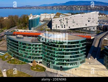 Neubauten im Stadtteil Secheron vor dem Genfersee, vorn Maison de la Paix, Sitz des Hochschulinstitut für internationale Studien und Entwicklung, IHE Foto Stock