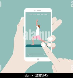 Lezioni di yoga online mobili. Il ragazzo in piedi nel guerriero posa Virabhadrasana. Pratica domestica degli esercizi di yoga. Stories Mobile Interface. Rimani Illustrazione Vettoriale