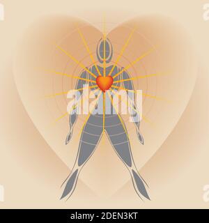Corpo umano con cuore grande che irradia raggi di luce - Coerenza cardiaca Illustrazione Vettoriale