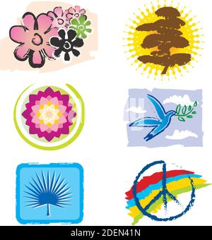 Set di icone per il logo design - natura, fiori di loto e segni di pace, colori arcobaleno Illustrazione Vettoriale