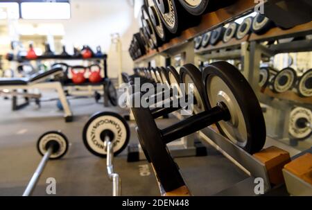 Berlino, Germania. 06 novembre 2020. Nella palestra FHC, i manubri e gli altri pesi si trovano su un ripiano. Credit: Kira Hofmann/dpa-Zentralbild/ZB/dpa/Alamy Live News Foto Stock