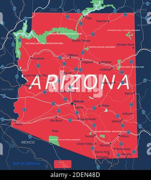 Arizona stato dettagliato mappa modificabile con città e città, siti geografici, strade, ferrovie, interstatali e autostrade degli Stati Uniti. File vettoriale EPS-10, Illustrazione Vettoriale