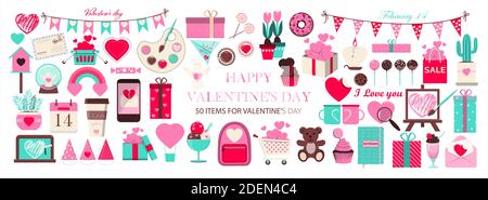 Enorme set di icone per San Valentino. Illustrazione vettoriale di 50 oggetti per la festa del 14 febbraio. Set di disegni di design piatto per romanticismo, matrimonio, data, invito, biglietto d'auguri, amore. Icone per banner, vendite, app o annunci. Graziose immagini rosa e blu per San Valentino. Illustrazione Vettoriale