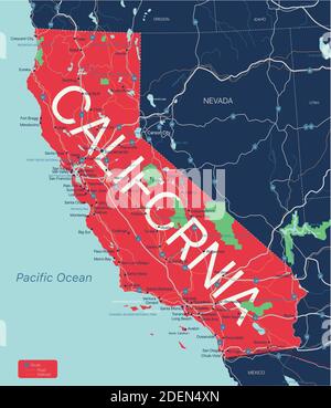 Mappa modificabile dettagliata dello stato della California con città e città, siti geografici, strade, ferrovie, interstatali e autostrade degli Stati Uniti. Vettore EPS-10 fil Illustrazione Vettoriale