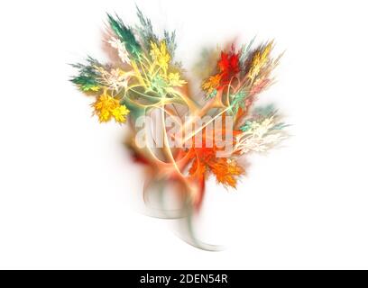 Immagine a colori, astratta, frattale su sfondo bianco. Pitture miste su tela. Esplosione, foglie, piante, fiori carta da parati, sfondo. Foto Stock