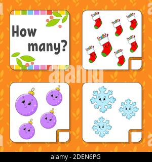 Gioco di conteggio per i bambini. Personaggi felici. Imparare la matematica. Quanti oggetti nell'immagine. Foglio di lavoro Education. Tema di Natale. VEC. Isolata Illustrazione Vettoriale