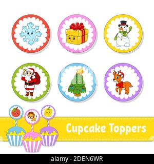 Coppette per torte. Set di sei foto rotonde. Tema di Natale. Personaggi cartoni animati. Immagine carina. Per il birhday, la festa, l'acquazzone del bambino. Illustrazione Vettoriale
