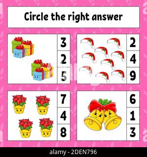Cerchiate la risposta giusta. Tema di Natale. Foglio di lavoro per lo sviluppo dell'istruzione. Pagina attività con immagini. Gioco per bambini. Colore isolato vettore illust Illustrazione Vettoriale