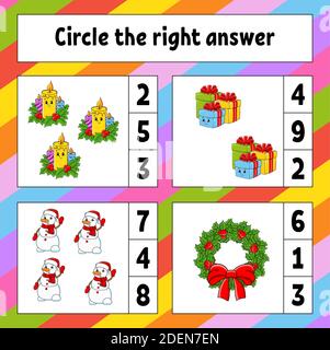 Cerchiate la risposta giusta. Tema di Natale. Foglio di lavoro per lo sviluppo dell'istruzione. Pagina attività con immagini. Gioco per bambini. Colore isolato vettore illust Illustrazione Vettoriale