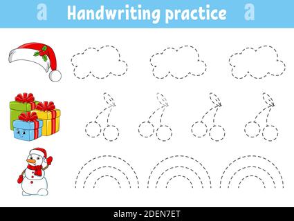 Calligrafia pactice. Tema di Natale. Foglio di lavoro per lo sviluppo dell'istruzione. Pagina attività. Gioco a colori per bambini. Illustrazione vettoriale isolata. Cartone animato ch Illustrazione Vettoriale