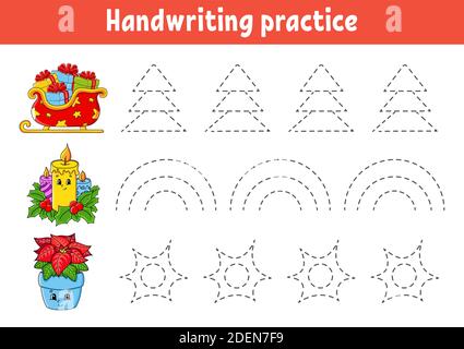 Calligrafia pactice. Tema di Natale. Foglio di lavoro per lo sviluppo dell'istruzione. Pagina attività. Gioco a colori per bambini. Illustrazione vettoriale isolata. Cartone animato ch Illustrazione Vettoriale