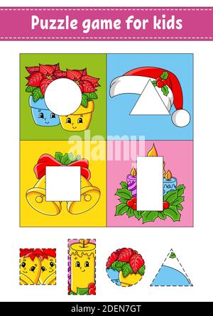 Gioco di puzzle per bambini. Taglia e incolla. Tema di Natale. Pratica di taglio. Forme di apprendimento. Foglio di lavoro Education. Cerchio, quadrato, rettangolo, triangolo. Agire Illustrazione Vettoriale