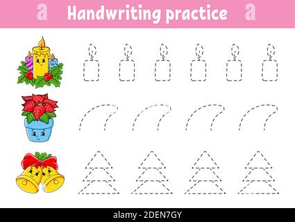 Calligrafia pactice. Tema di Natale. Foglio di lavoro per lo sviluppo dell'istruzione. Pagina attività. Gioco a colori per bambini. Illustrazione vettoriale isolata. Cartone animato ch Illustrazione Vettoriale