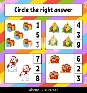 Cerchiate la risposta giusta. Tema di Natale. Foglio di lavoro per lo sviluppo dell'istruzione. Pagina attività con immagini. Gioco per bambini. Colore isolato vettore illust Illustrazione Vettoriale