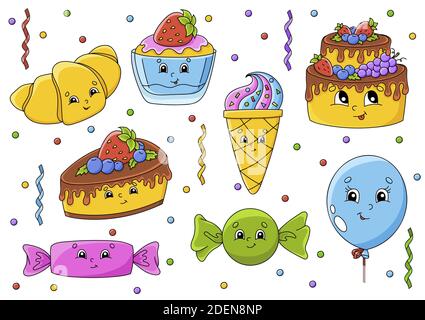 Set di adesivi con simpatici cartoni animati. Tema buon compleanno. Disegnato a mano. Confezione colorata. Illustrazione vettoriale. Patch Badges collection. Etichetta des Illustrazione Vettoriale