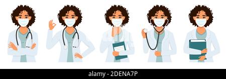 Impostare il medico femminile in una maschera medica. Sullo sfondo di una città astratta. Indica una maschera. Illustrazione in stile piatto Illustrazione Vettoriale