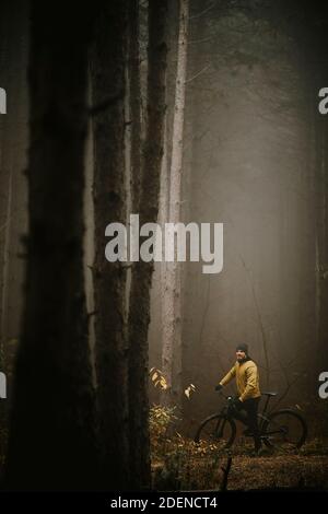 Bell'uomo giovane che prende un freno durante la bicicletta per l'autunno foresta Foto Stock