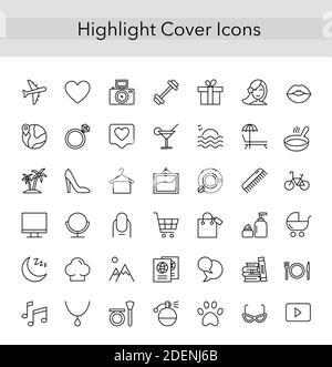 Social media Collection icone di linea sottile per highlights copertine, account femminile, storie blogger, elementi di moda stile di vita, cibo e viaggi. Highlight Illustrazione Vettoriale