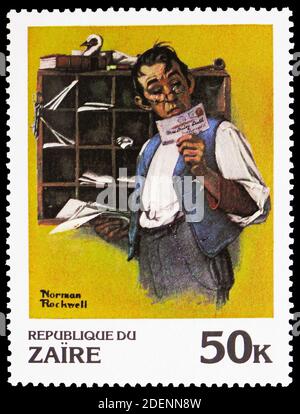 MOSCA, RUSSIA - 28 GIUGNO 2020: Francobollo stampato a Zaire mostra Norman Rockwell (1894-1978) il lavoratore postale, serie, circa 1981 Foto Stock