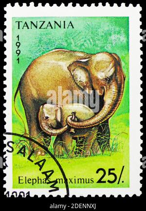 MOSCA, RUSSIA - 28 GIUGNO 2020: Francobollo stampato in Tanzania mostra elefante asiatico (Elefas maximus), serie di elefanti, circa 1991 Foto Stock