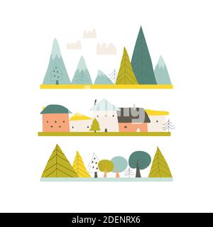 Cartoon paesaggio estivo con case, montagne e alberi Illustrazione Vettoriale