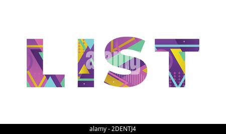 Il concetto di ELENCO di parole scritto in forme retrò colorate e colori illustrazione. Illustrazione Vettoriale