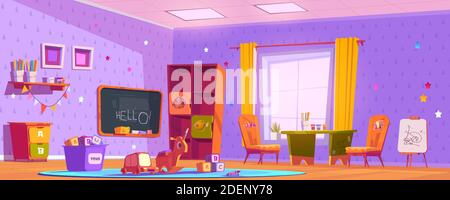 Interno sala giochi per bambini, spazio nido vuoto interno con giochi montessori, mobili in legno, mensole e attrezzature per giochi e studio, lavagna e scrivania. Illustrazione vettoriale cartoon Illustrazione Vettoriale