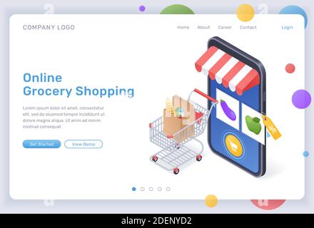 Negozio online di alimentari pagina di destinazione isometrica, negozio digitale per l'acquisto di cibo, merci in carrello a grande smartphone con l'app mobile del mercato internet sullo schermo. Banner Web vettoriale 3d Cyber shop Illustrazione Vettoriale