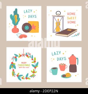 Set di Natale e felice anno nuovo modello di carta Illustrazione Vettoriale