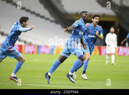 Mady Camara of Olympiacos celebra il suo obiettivo durante la UEFA Champions League, partita di calcio del gruppo C tra Olympique de Marseille (OM) e Olympiacos FC (Olympiakos) il 1 dicembre 2020 allo Stade Velodrome di Marsiglia, Francia - Foto Jean Catuffe / DPPI / LM Foto Stock