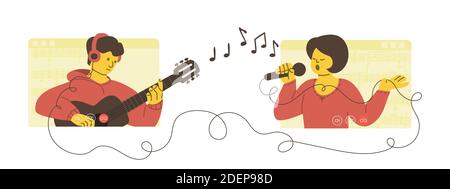 La ragazza il cantante e il ragazzo il chitarrista fanno una videochiamata. Concerto online. Duet suona la chitarra e canta. Streaming sui social network. Vettore Illustrazione Vettoriale