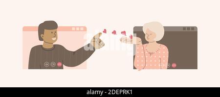 Un uomo e una donna fanno una videochiamata. Gli amanti mandano un bacio e cuori. Concetto di relazione a distanza. Internet dating. Immagine vettoriale semplice piatta Illustrazione Vettoriale