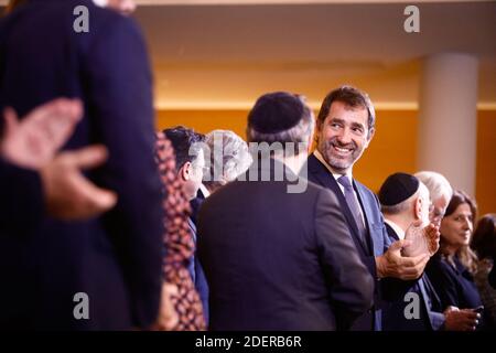 Capo francese Rabbi Haim Korsia, ministro francese degli interni Christophe Castaner durante l'inaugurazione ufficiale del Centro europeo per l'ebraismo (Centre Europeen Du Judaisme) a Parigi, Francia, il 29 ottobre 2019. Foto di Hamilton/Pool/ABACAPRESS.COM Foto Stock