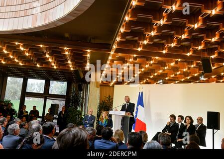 Nicole Belloubet, Garde des Sceaux, ministre de la Justice, Jean Michel Blanquer, ministre de l’Education Nationale et de la Jeunesse, Edouard Philippe, Premier mistre, Agnes Buzyn, ministre des Solidarites et de la Sante, Christophe Castaner, ministre de l’Interieur, Julien Denormandie, ministre aupres de la ministre de la Cohesion des Territoires et des Relations avec les Collectivites Territoriales, charge de la ville et du logement, Laurent Nunez, secretaire d’etat aupres du ministre de l’Interieur, discours. A la prefecture de Seine Saint-Denis, Bobigny, France, le 31 octobre 2019. Phot Foto Stock