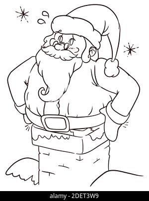 Scena divertente con Babbo Natale bloccato nel camino in stile disegnato a mano. Illustrazione Vettoriale