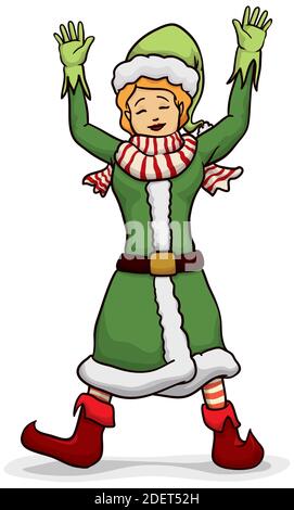 Elfo elfa festoso di Santa femmina festivo festivo festivo festivo festivo Natale, indossando abiti caldi: Sciarpa, guanti, stivali. Illustrazione Vettoriale