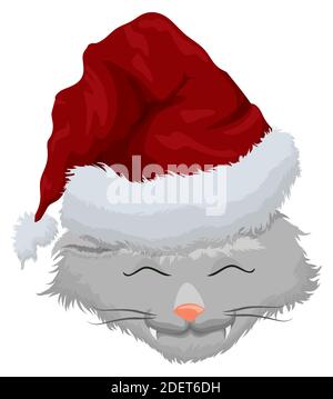 Il viso grigio di gatto furry indossa un cappello stagionale di Babbo Natale per la stagione di Natale. Illustrazione Vettoriale