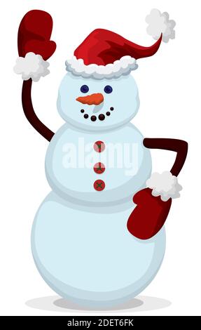 Simpatico e sorridente pupazzo di neve decorato con cappello di Babbo Natale, guanti, bottoni e carote come il naso, isolato su sfondo bianco. Illustrazione Vettoriale