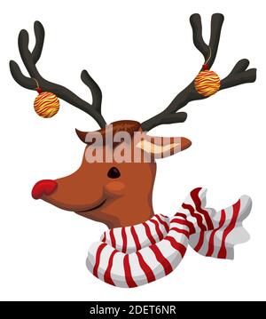 Ritratto tenero di renne al naso rosso con sciarpa a righe con palle di Natale nelle sue formiche, isolato su sfondo bianco. Illustrazione Vettoriale