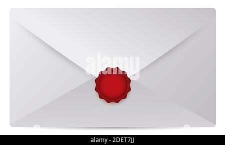 Busta di carta con lettera all'interno, sigillata con cera rossa, isolata su sfondo bianco. Illustrazione Vettoriale